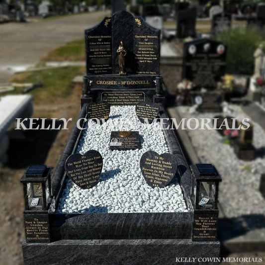 Blue Lagoon Gates of Heaven headstone with kerbing erected in Fingal Cemetery Dublin by Kelly Cowin Memorials
