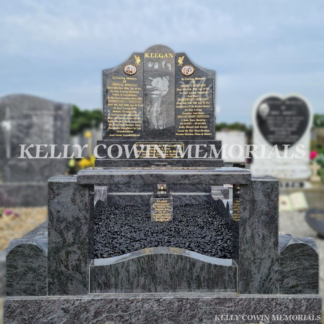 Blue Lagoon Gates of Heaven headstone with curved kerbing erected in Fingal Cemetery Dublin by Kelly Cowin Memorials