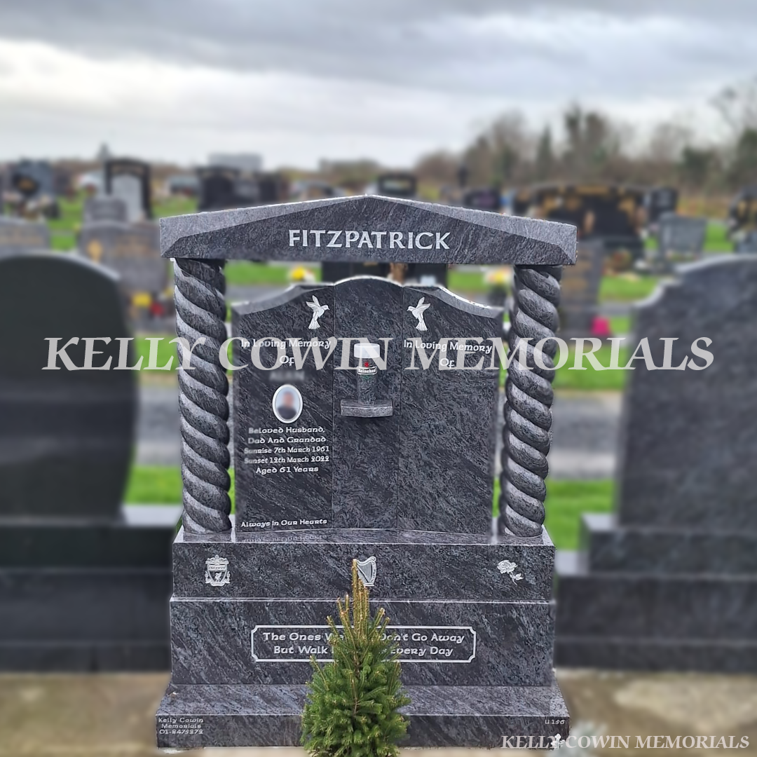 Blue Lagoon Gates of Heaven headstone with twisted pillars and photo in Dardistown Cemetery Dublin
