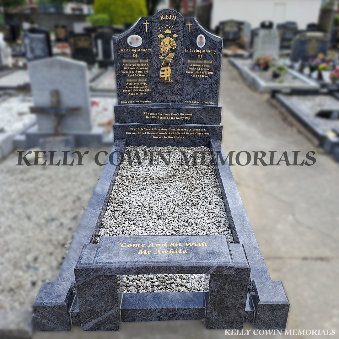 Blue Lagoon Gates of Heaven headstone with full granite kerbing, memorial bench, ceramic photo plaques and gold leaf inscription installed in Fingal Cemetery by Kelly Cowin Memorials.