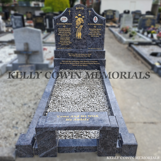 Blue Lagoon Gates of Heaven headstone with full granite kerbing, memorial bench, ceramic photo plaques and gold leaf inscription installed in Fingal Cemetery by Kelly Cowin Memorials.