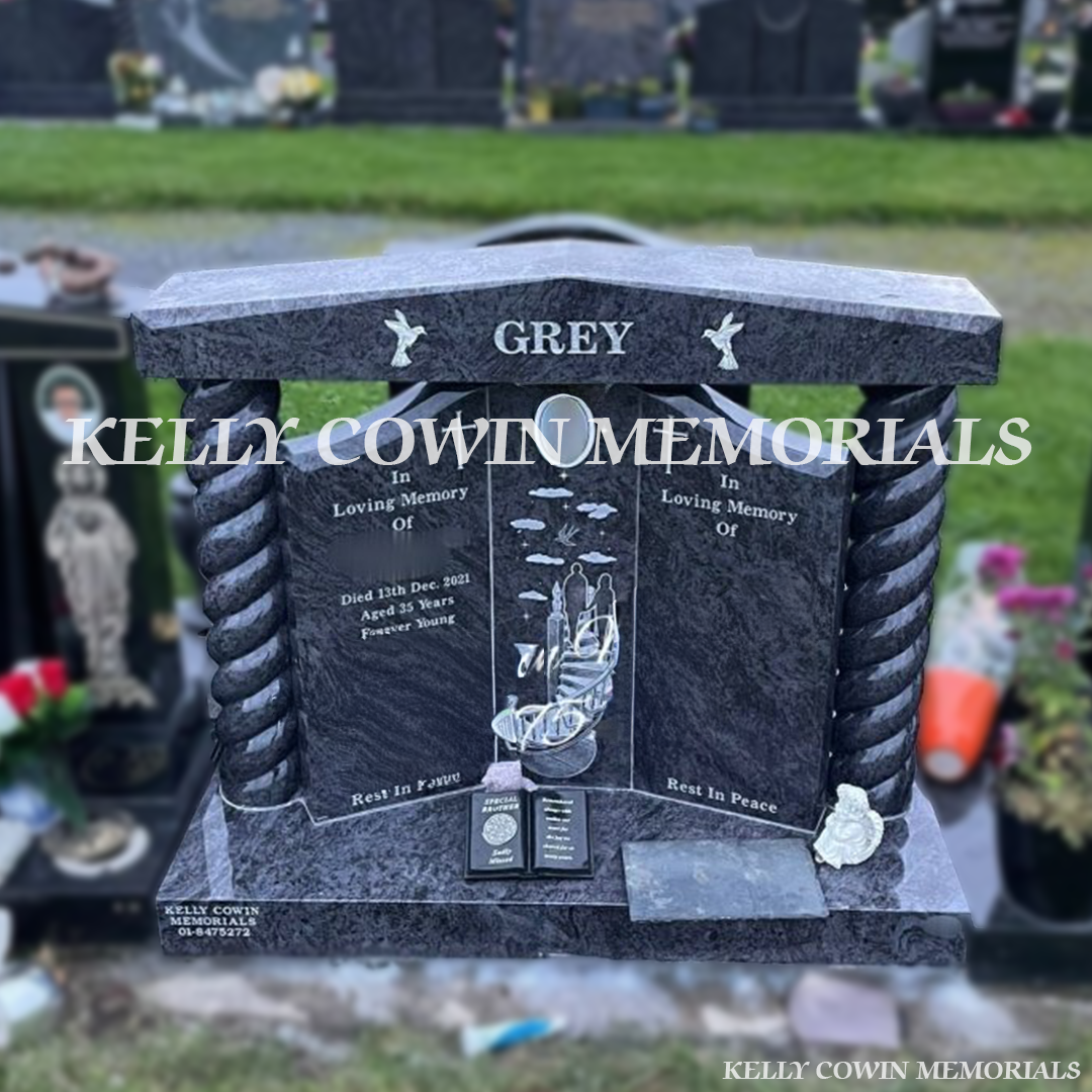 Front view of Blue Lagoon Gates of Heaven headstone with silver inscription and laser Stairway to Heaven image in Newlands Cross Cemetery Dublin