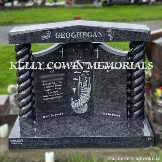 Front view of Blue Lagoon Gates of Heaven headstone with silver inscription and laser Stairway to Heaven image in Newlands Cross Cemetery Dublin