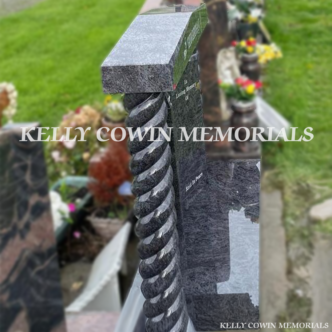 Side view two of Blue Lagoon Gates of Heaven headstone showing granite plinth and centre pillar laser detail in Newlands Cross Cemetery