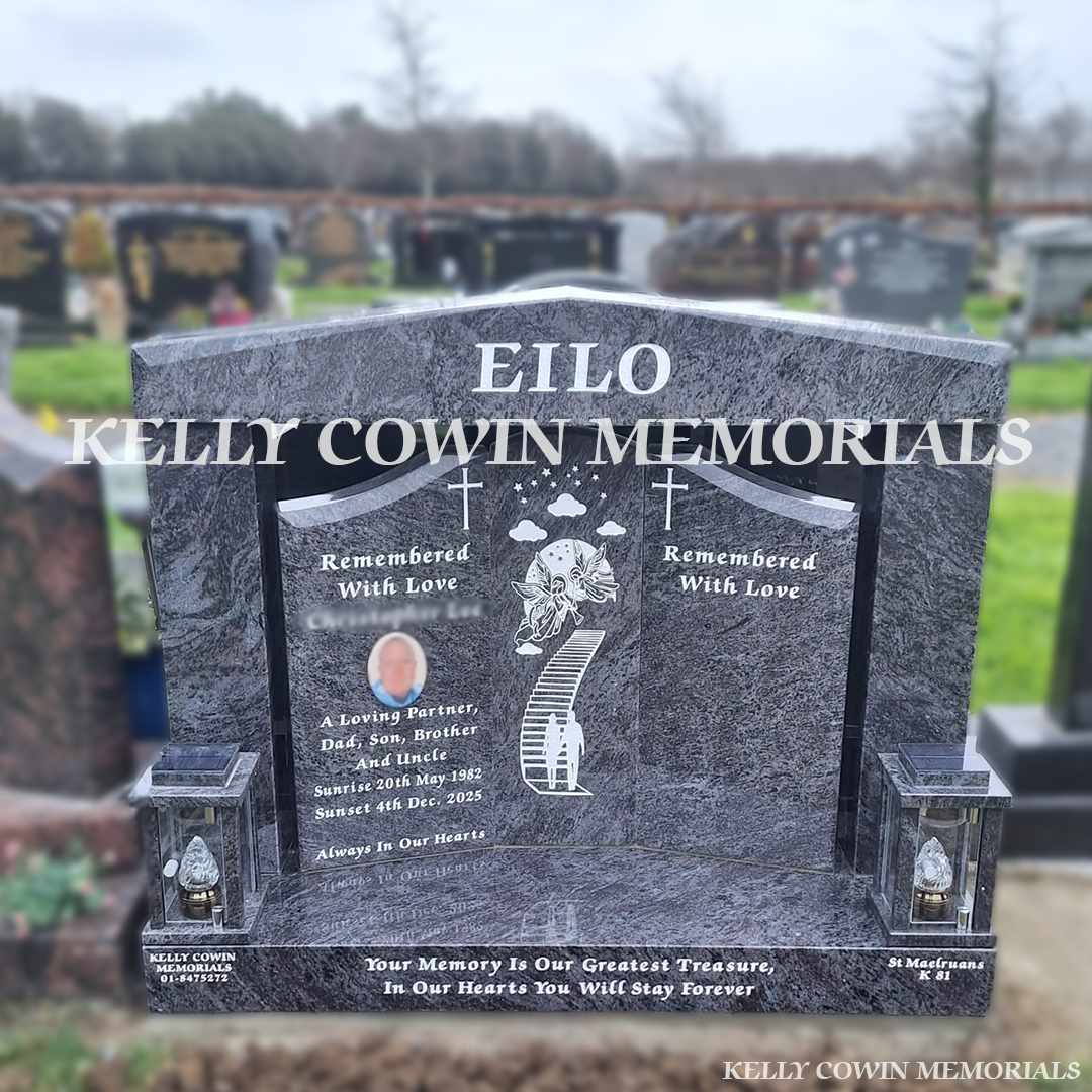 Front view of Blue Lagoon Gates of Heaven headstone with silver inscription in Newlands Cross Cemetery