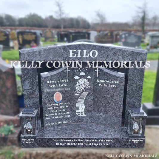 Front view of Blue Lagoon Gates of Heaven headstone with silver inscription in Newlands Cross Cemetery