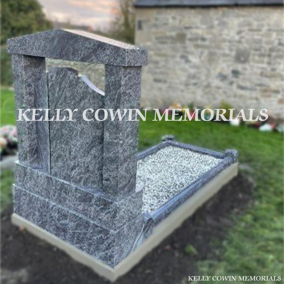 Rear view of Blue Lagoon granite memorial installed by Kelly Cowin Memorials in Rush Cemetery
