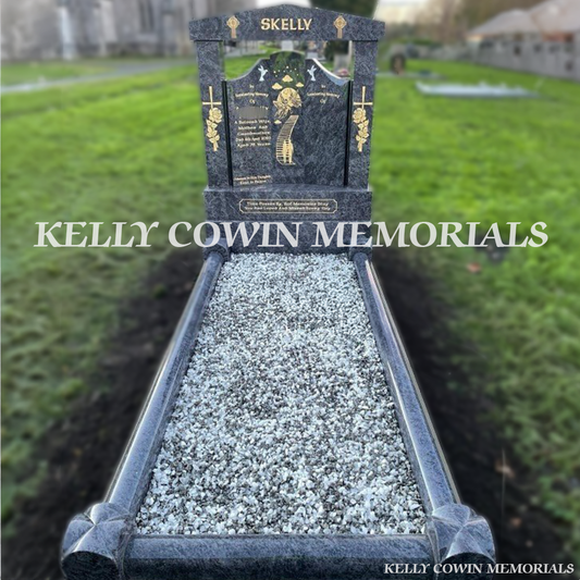 Front view of Blue Lagoon Gates of Heaven headstone with gold inscription in Rush Cemetery
