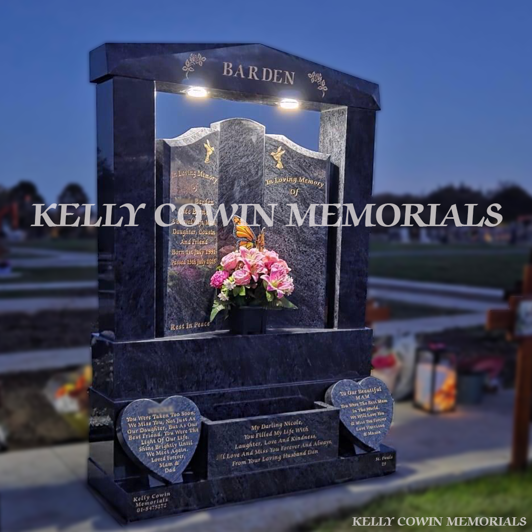 Blue Lagoon Granite Gates of Heaven headstone with solar-lit cap, flowerbox and gold leaf inscription installed in Balgriffin Cemetery by Kelly Cowin Memorials