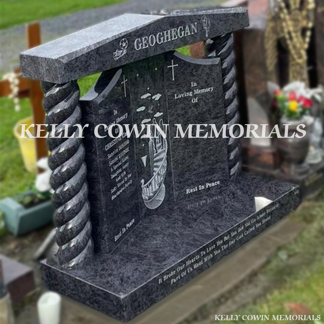 Side view of Blue Lagoon Gates of Heaven headstone showing granite plinth and centre pillar laser detail in Newlands Cross Cemetery