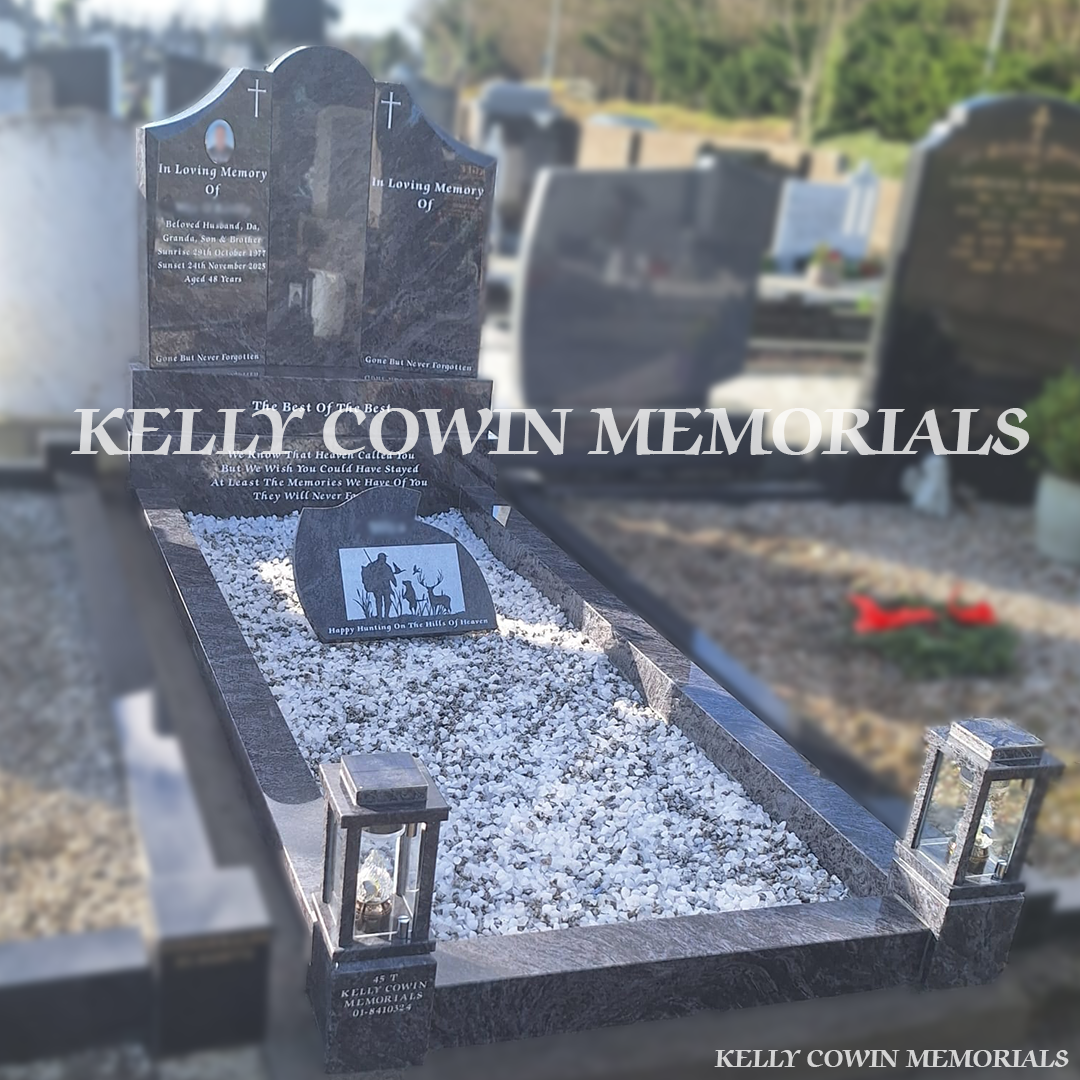 Front view of Blue Lagoon Gates of Heaven headstone with silver inscription in Whitestown Cemetery