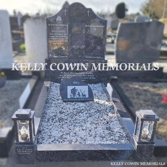 Front view of Blue Lagoon Gates of Heaven headstone with silver inscription in Whitestown Cemetery