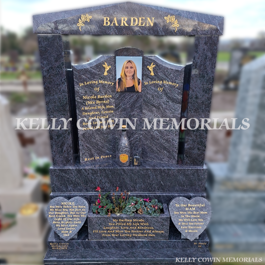 Front view of a Blue Lagoon Granite "Gates Of Heaven" Headstone | Balgriffin Cemetery - Kelly Cowin Memorials