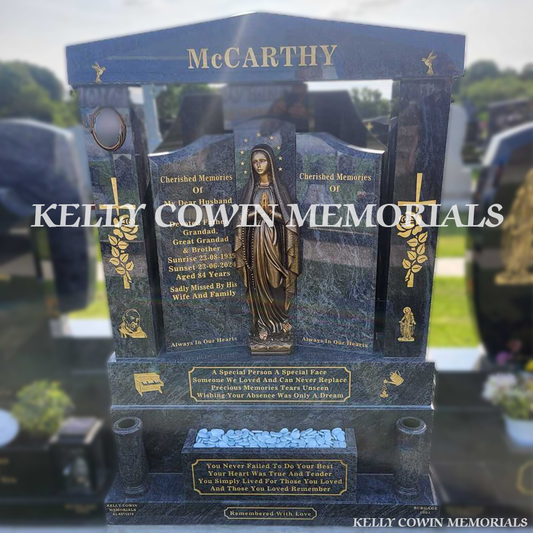 Front view of Blue Lagoon Gates of Heaven headstone with cap and pillars on base and plinth in Balgriffin Cemetery Dublin