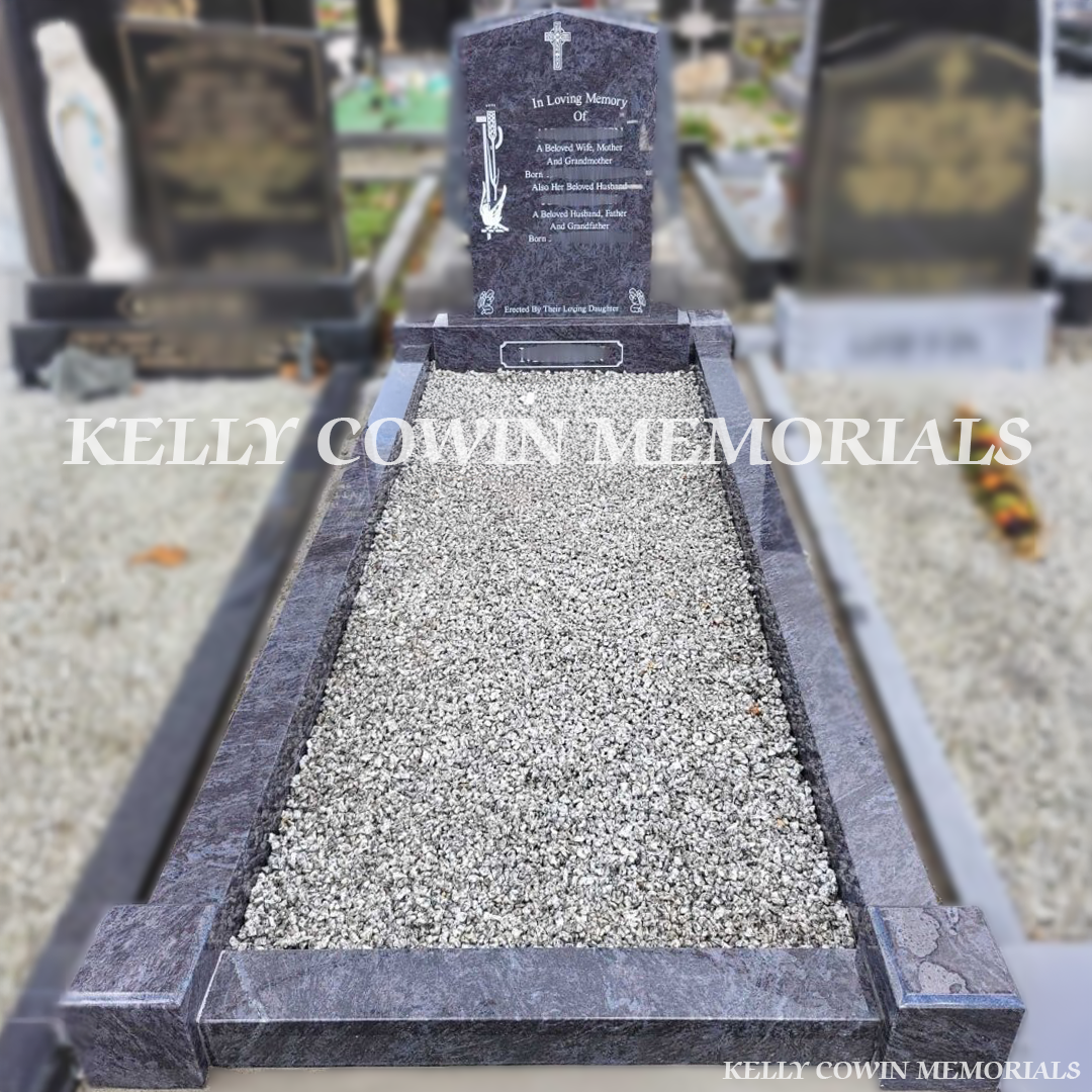 Front view of Blue Lagoon Apex headstone with white inscription and full kerbing in Fingal Cemetery Dublin