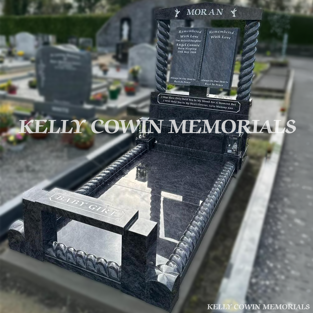 Side view of Blue Lagoon memorial with granite floor, kerbing and corner posts