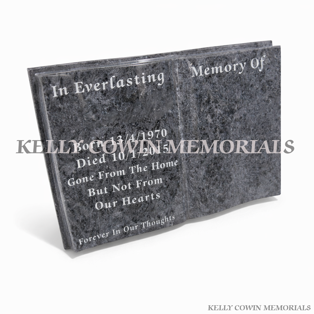 Blue Lagoon granite open book grave accessory memorial plaque with personalised engraving, available locally and nationwide in Ireland