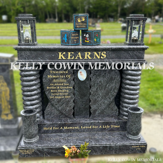 Front view of Blue Lagoon children’s broken heart headstone in Newlands Cross Cemetery