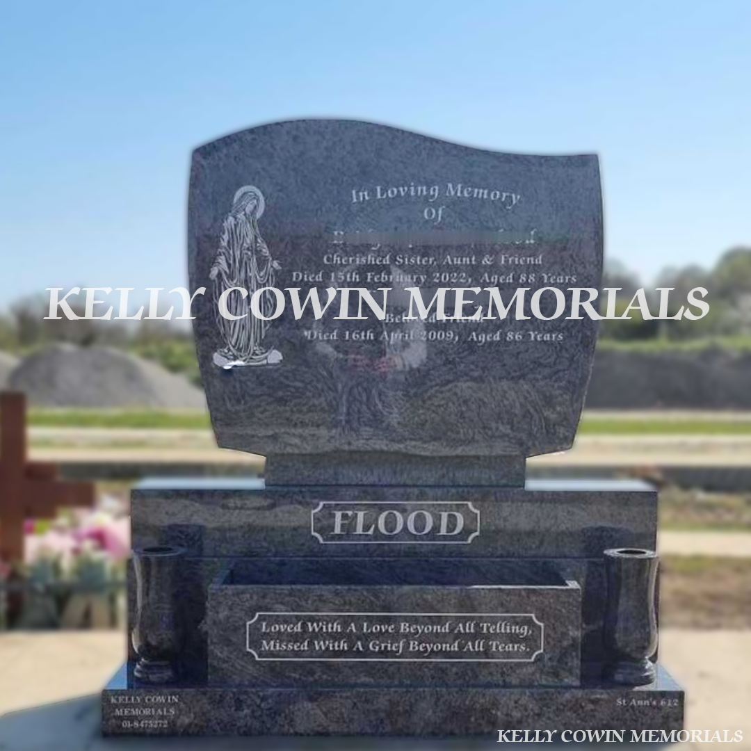 Front view of Blue Lagoon C1 headstone with flower box erected in Balgriffin Cemetery Dublin by Kelly Cowin Memorials