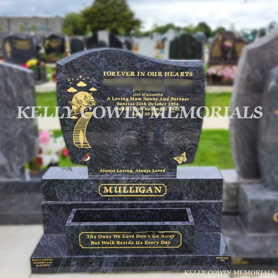 Blue Lagoon granite C1 headstone with gold inscription erected in Balgriffin Cemetery Dublin by Kelly Cowin Memorials