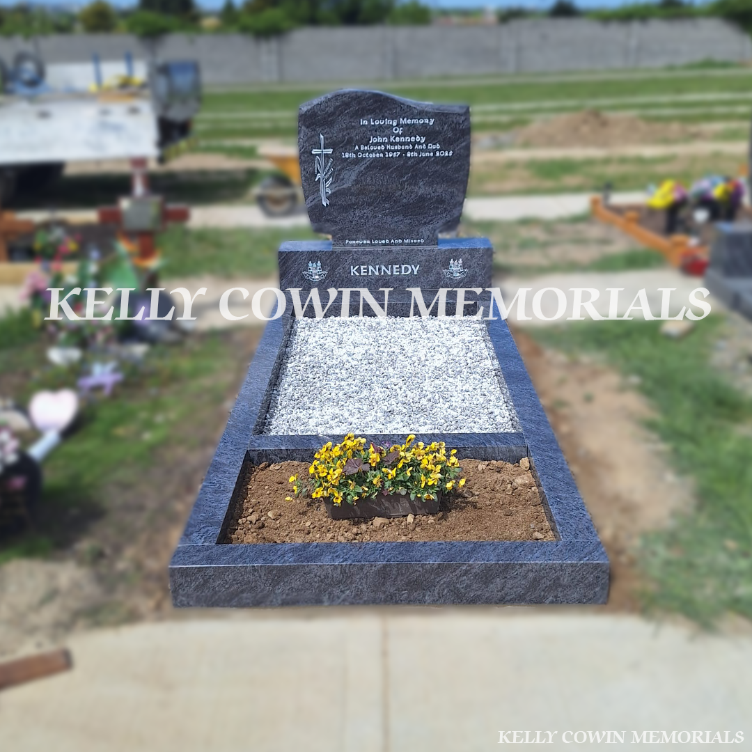 Front view of Blue Lagoon C1 headstone with silver inscription in Bohernabreena Cemetery