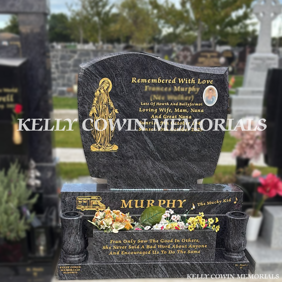 Bleu Lagoon C1 polished granite headstone with gold engraving, Our Lady design, ceramic photo, matching vases, flowerbox, sub-base, base and plinth in Balgriffin Cemetery, Dublin, by Kelly Cowin Memorials.