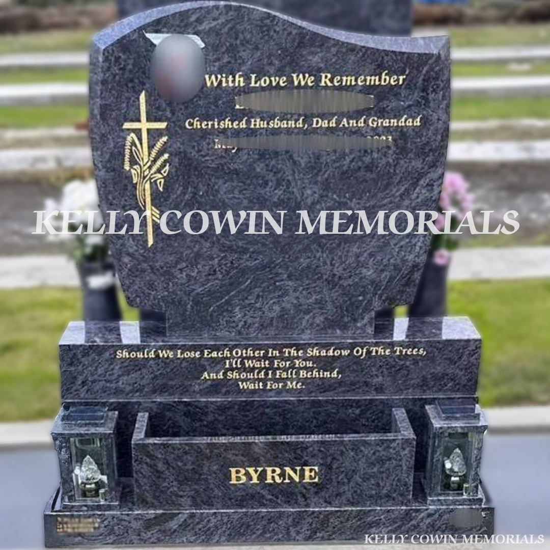 Front view of Blue Lagoon C1 headstone on sub-base, base and plinth with flower box and lanterns in Balgriffin Cemetery Dublin