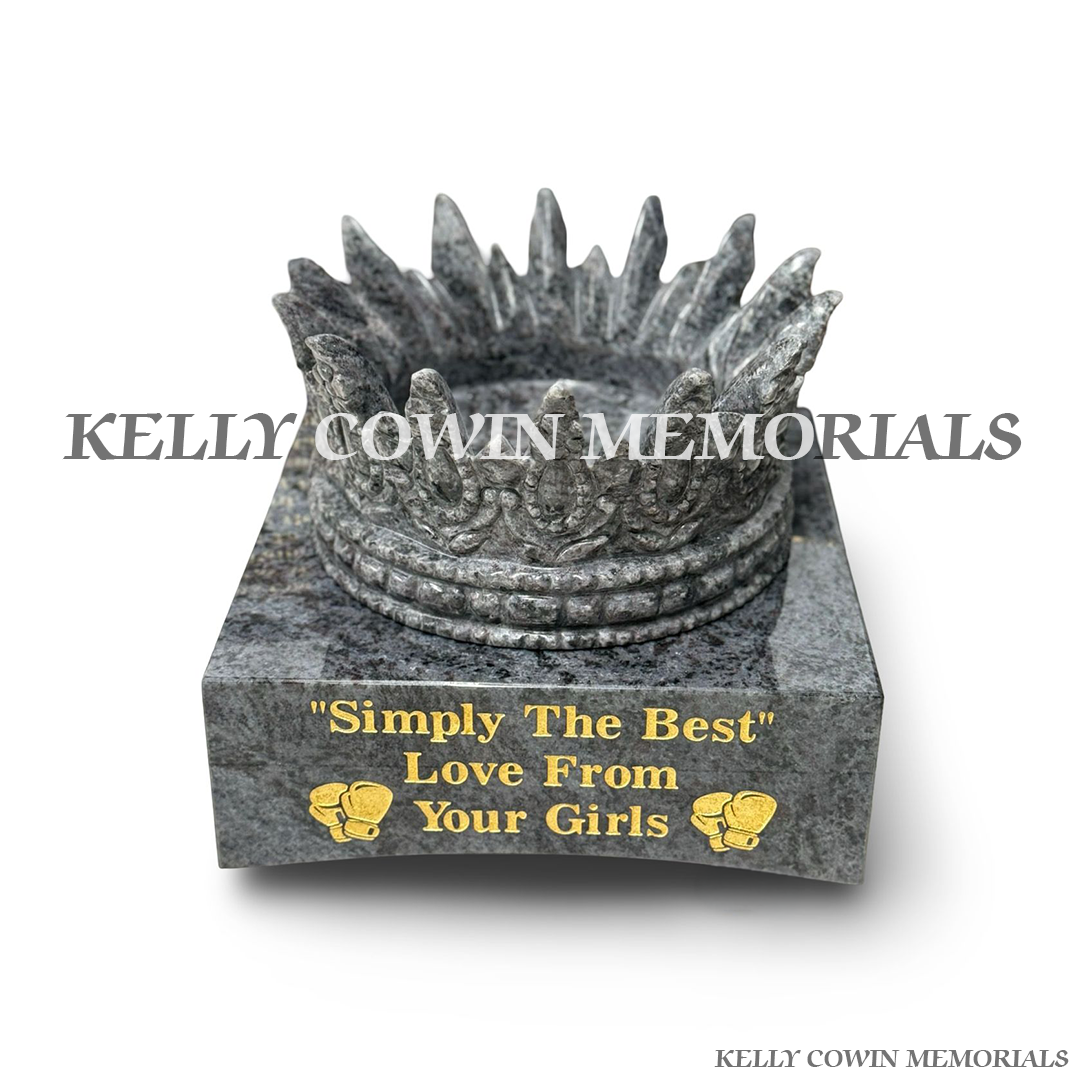 face view Custom Blue Lagoon granite memorial crown on personalised granite block with gold leaf inscription and boxing glove designs.