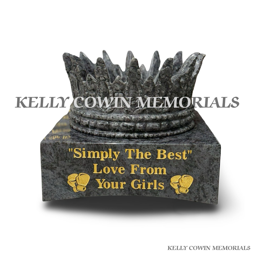 Custom Blue Lagoon granite memorial crown on personalised granite block with gold leaf inscription and boxing glove designs.