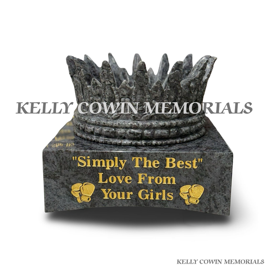 Custom Blue Lagoon granite memorial crown on personalised granite block with gold leaf inscription and boxing glove designs.