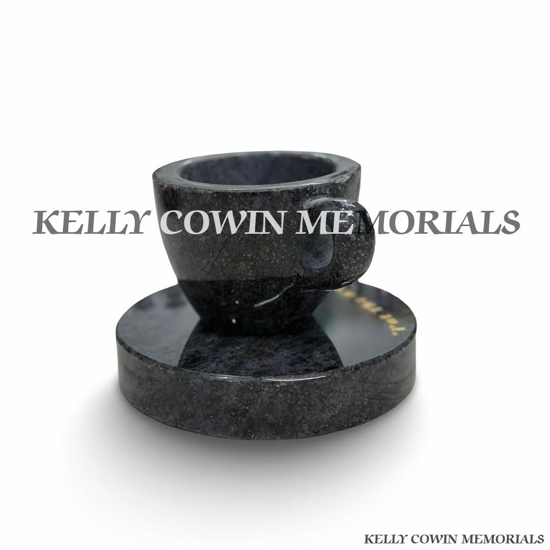 Back of Blue Lagoon granite cup of tea grave memorial on polished round plinth by Kelly Cowin Memorials