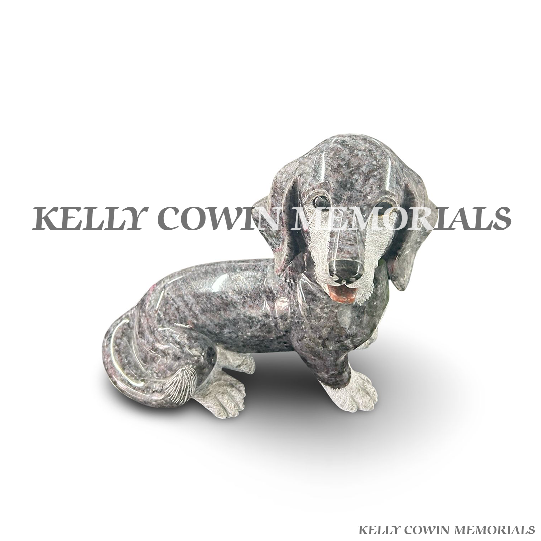 Front view of Blue Lagoon granite dachshund memorial statue