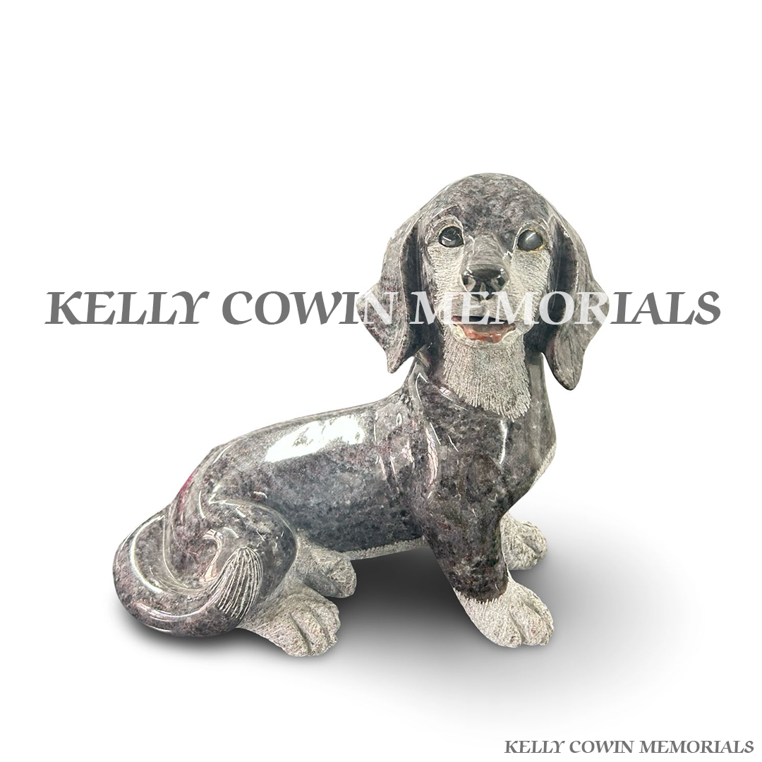 Front view of Blue Lagoon granite dachshund memorial statue