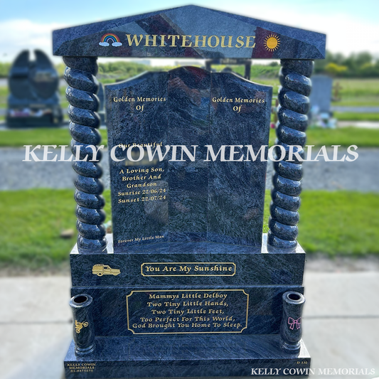 Front view of Blue Lagoon Gates of Heaven children’s headstone in Dardistown Cemetery