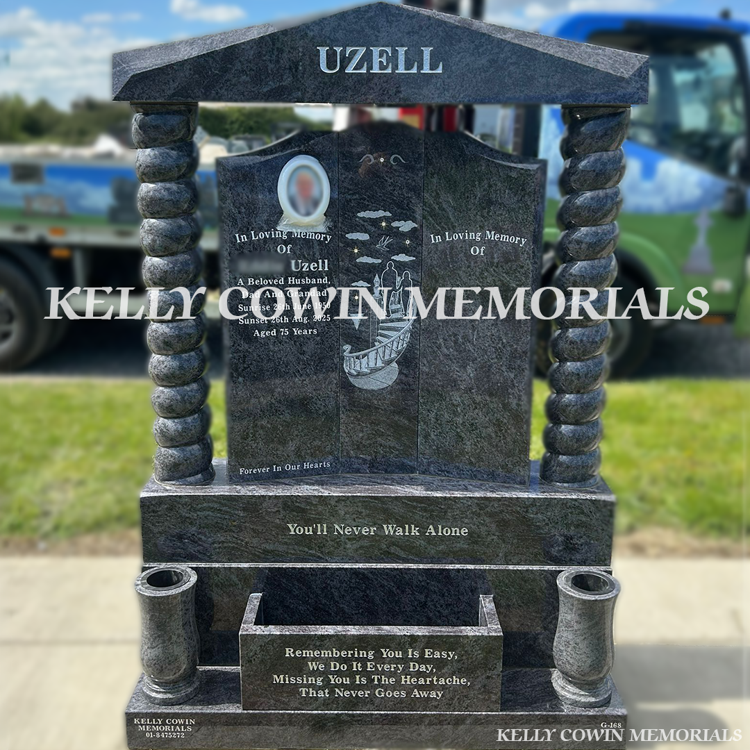 Front view of Blue Lagoon Gates of Heaven headstone with silver inscription in Dardistown Cemetery