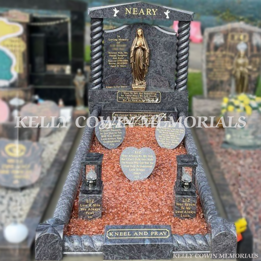 Blue Lagoon Gates of Heaven headstone with twisted pillars erected in Fingal Cemetery Dublin by Kelly Cowin Memorials