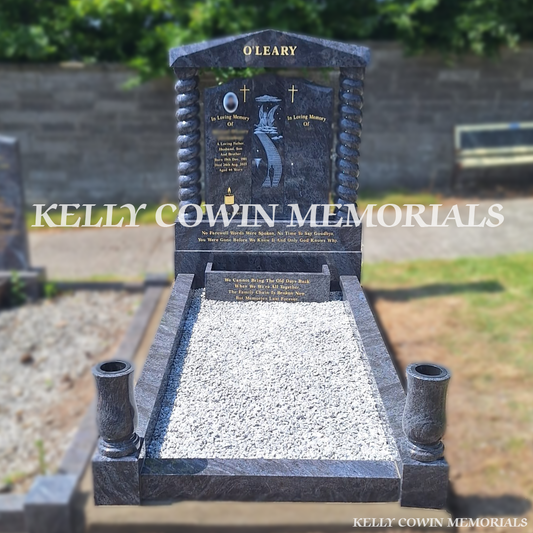 Front view of Blue Lagoon Gates of Heaven headstone with gold inscription in Whitestown Cemetery