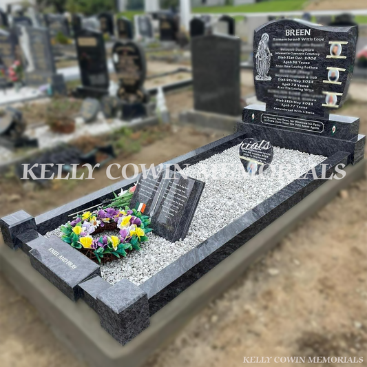 Side view of Blue Lagoon kerbed grave with kneel and pray in Fingal Cemetery Dublin