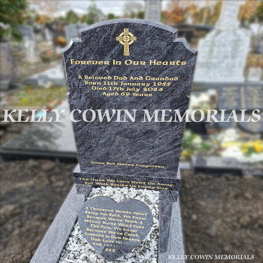 Front view of Blue Lagoon Granite “Top Nine” headstone with Celtic cross and gold leaf inscription — handcrafted by Kelly Cowin Memorials for graves and memorials in Dublin, Glasnevin, Balgriffin, Fingal, and Dardistown.