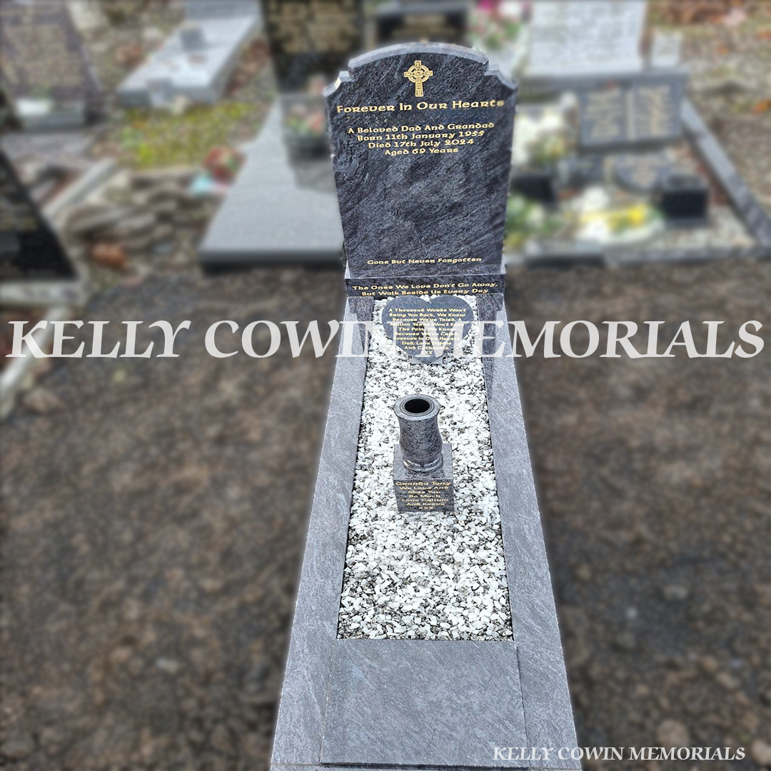 Full-length view of Blue Lagoon Granite headstone with heart plaque, vase, and kerbing — handcrafted by Kelly Cowin Memorials for graves and memorials in Dublin, Glasnevin, Balgriffin, Fingal, and Dardistown.