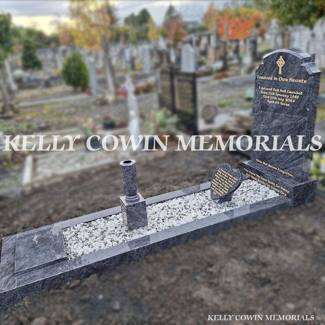 Right-side view of Blue Lagoon Granite headstone with gold leaf lettering and kerbing — handcrafted by Kelly Cowin Memorials for graves and memorials in Dublin, Glasnevin, Balgriffin, Fingal, and Dardistown.