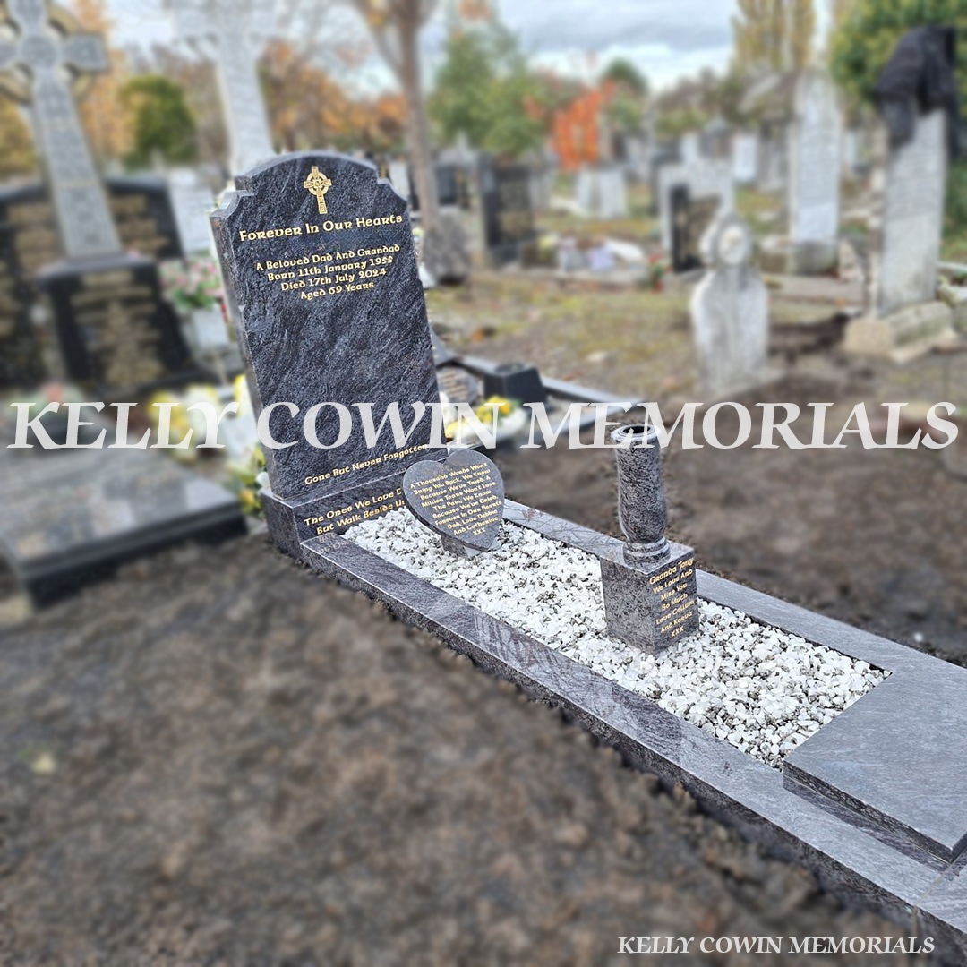 Side profile of Blue Lagoon Granite “Top Nine” headstone showing polished edges and engraved detail — crafted by Kelly Cowin Memorials for graves and memorials in Dublin, Glasnevin, Balgriffin, Fingal, and Dardistown.