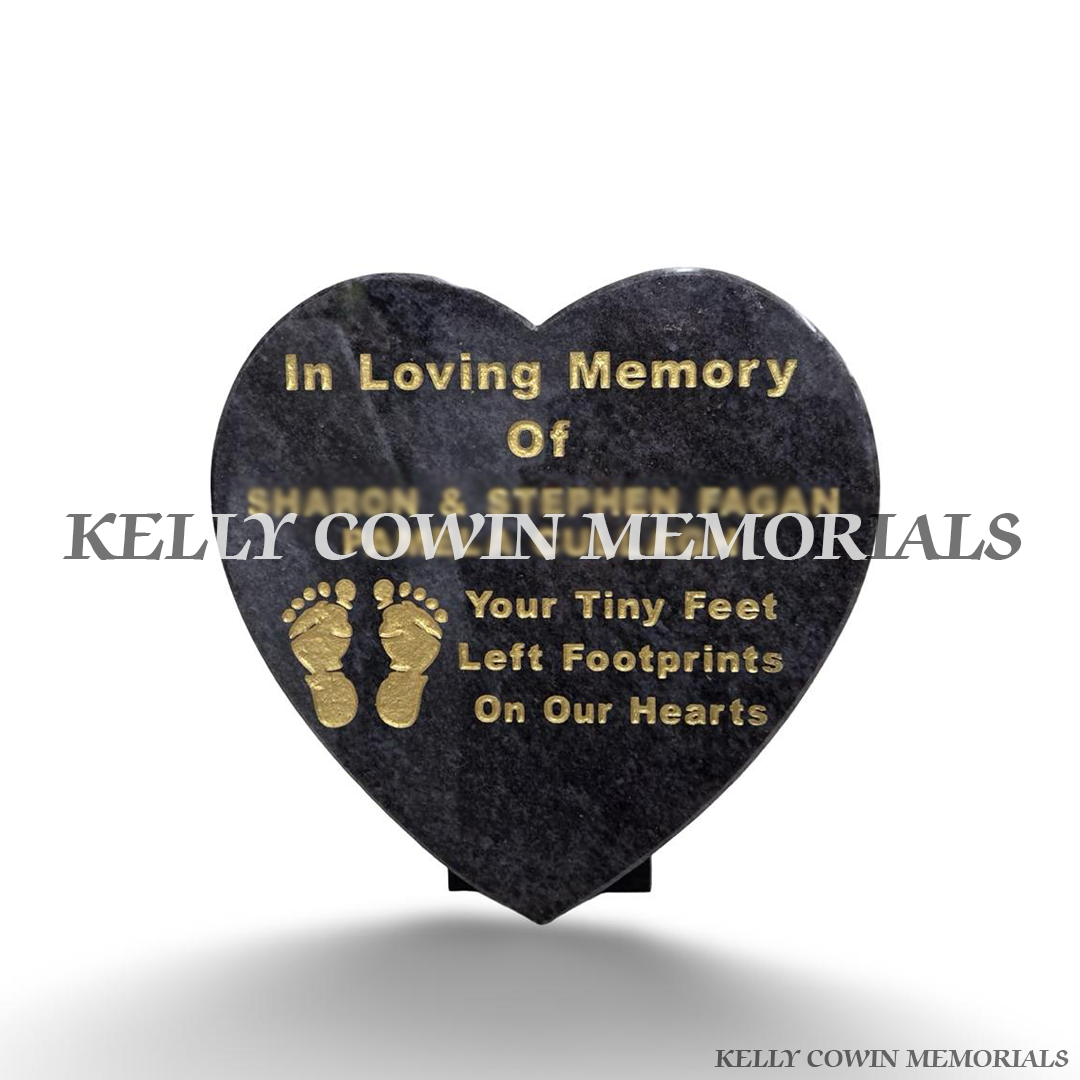 12 inch Blue Lagoon polished granite heart memorial plaque with personalised gold engraved inscription and delicate baby footprint design, created by Kelly Cowin Memorials Ireland.