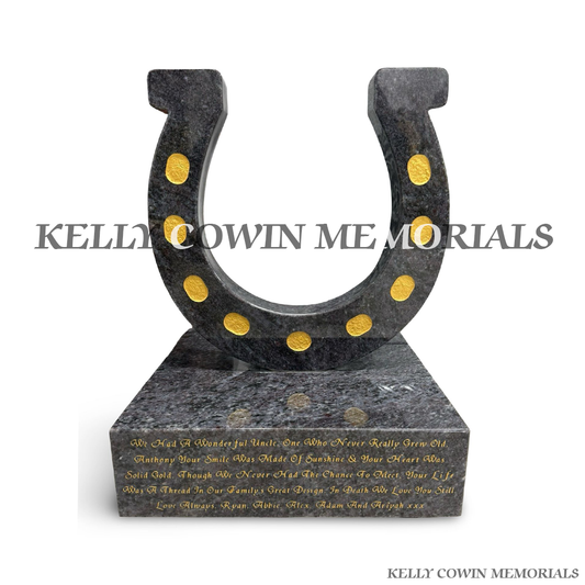 Front view of Blue Lagoon granite horseshoe memorial accessory on plinth