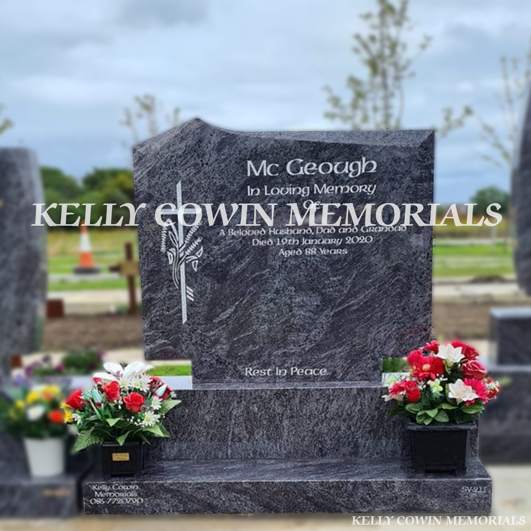Front view of Blue Lagoon Murphy No.5 headstone with silver inscription in Balgriffin Cemetery