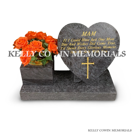 Front view of Blue Lagoon square vase and 12 inch heart on plinth with gold inscription