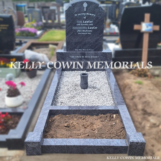 Front view of Blue Lagoon Top Nine headstone with silver inscription