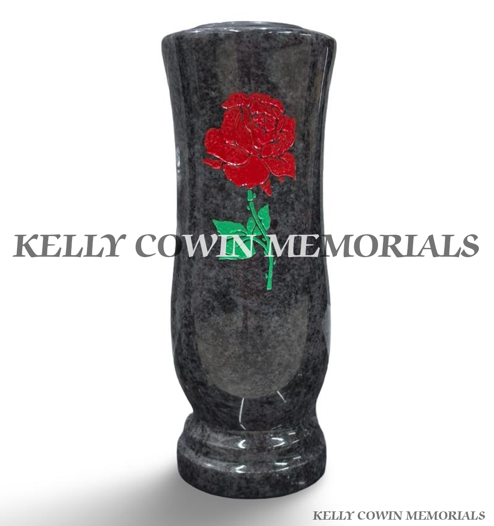 Blue Lagoon granite memorial vase with engraved red rose and green stem, polished grave flower vase from Kelly Cowin Memorials Ireland.