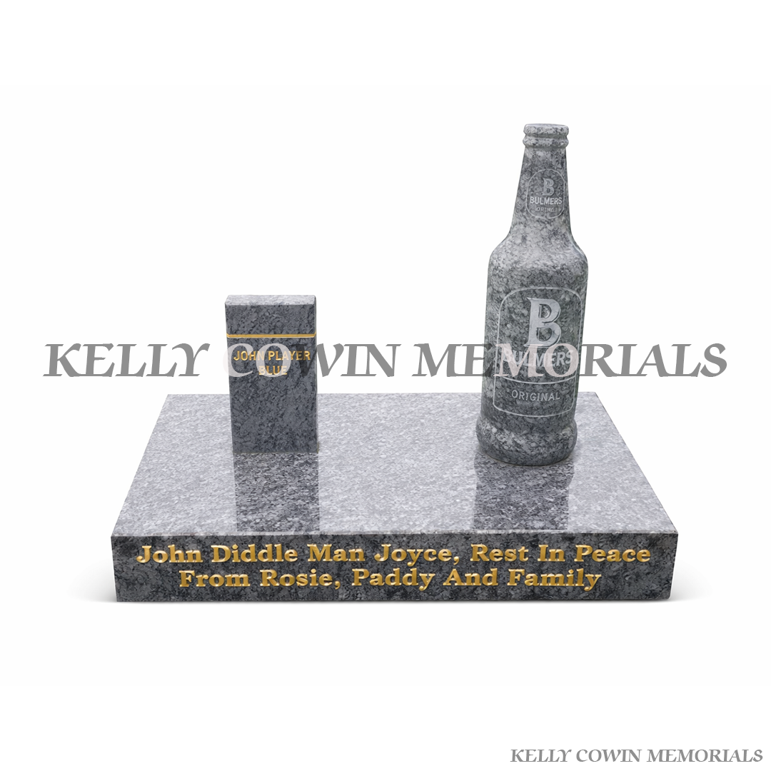 Blue Lagoon granite beer bottle and smokes grave accessory on engraved plinth with personalised inscription Ireland