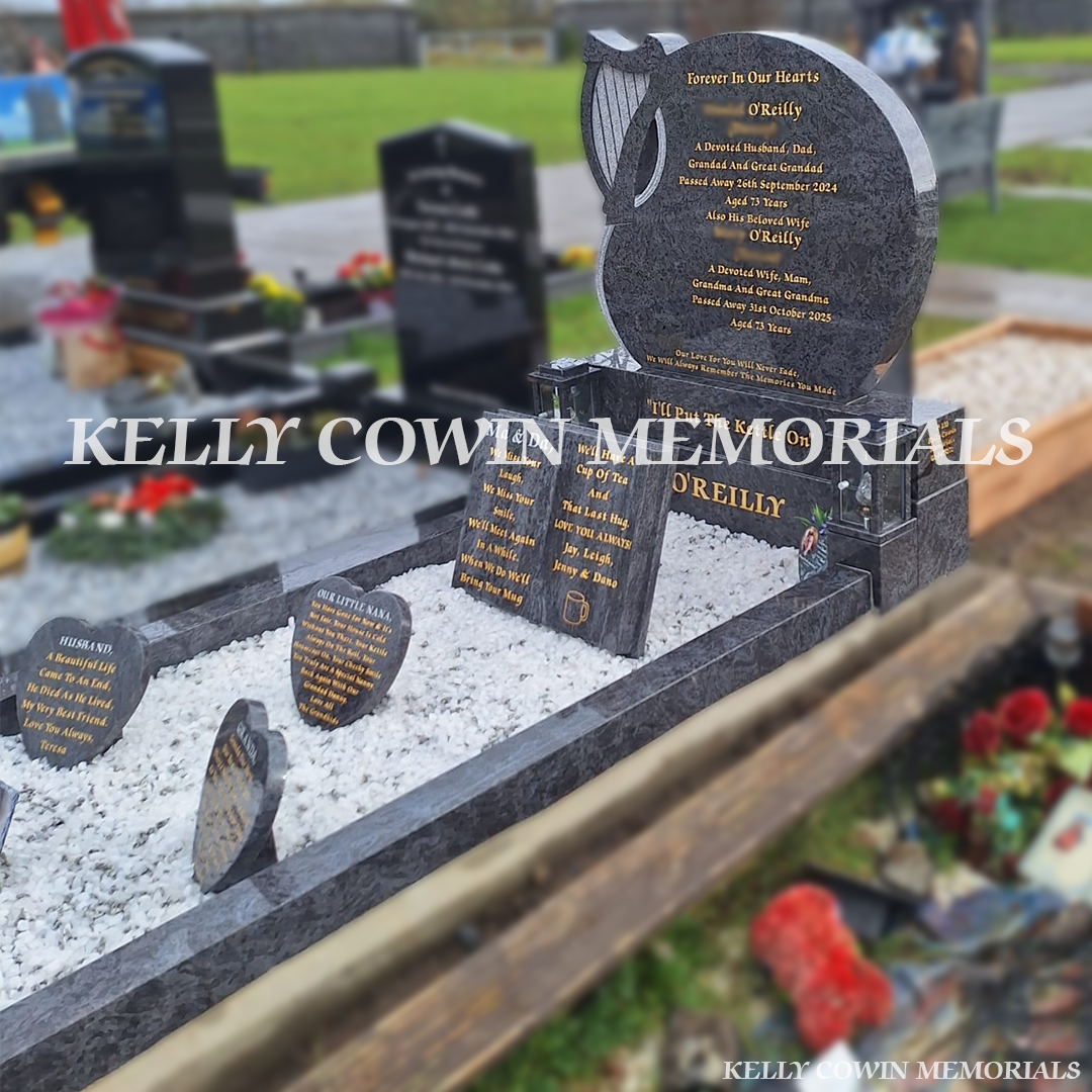 Front view of custom Blue Lagoon harp detail headstone in Mulhuddart Cemetery